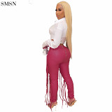 Latest Design Solid Color Fringed Zipper Leather Pants Casual Pants For Women