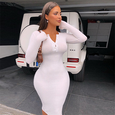 Solid Color Rib V Neck Buttons Casual Dress Long Sleeve Dress Sexy Dress