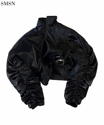 New Trendy Stand Collar Short Pleated Jacket Baseball Jacket Women Winter Casual Coat