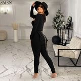 Lowest Price Solid Color Bodice Long Sleeve Ribbed Two-Piece Set Women Fall 2 Piece Sets