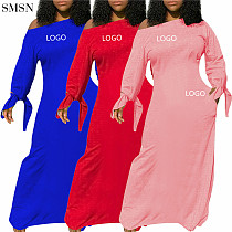 High Quality Solid Color Round Neck Long Sleeves Knotted Dress Casual Long Dress