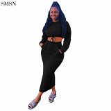 New Trendy Solid Color Long Skirt With Strappy Slit Casual Suit Skirt Two Piece Set