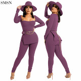 Lowest Price Solid Color Bodice Long Sleeve Ribbed Two-Piece Set Women Fall 2 Piece Sets