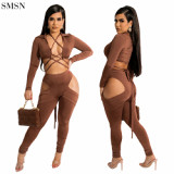 New Arrival 2021 Pure Color Sexy Strap Pleated Hollow Out Suit Sexy 2 Piece Set Women