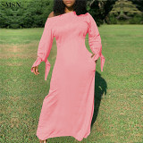 High Quality Solid Color Round Neck Long Sleeves Knotted Dress Casual Long Dress
