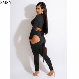 New Arrival 2021 Pure Color Sexy Strap Pleated Hollow Out Suit Sexy 2 Piece Set Women