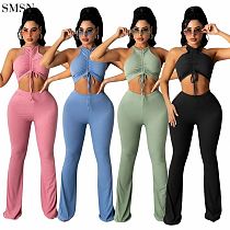 Fashion 2021 Solid Color Pleated Lace Vest Pants Two Piece Set Sexy 2 Piece Set Women