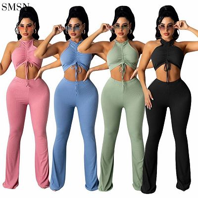 Fashion 2021 Solid Color Pleated Lace Vest Pants Two Piece Set Sexy 2 Piece Set Women