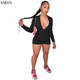 New Style Sexy V-Neck Solid Color Long Sleeve Pit Strip One-Piece Short Jumpsuit Women 2021