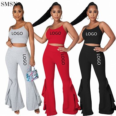 High Quality Flounces High Waist Slim Bell Pants Sexy Suspenders Two Sets Two Piece Pants Set Women
