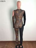 New Style Leopard Print Hollowed-Out Stitching Sexy Long Sleeve Tight Jumpsuit Women Jumpsuit 2021 Sexy