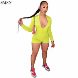 New Style Sexy V-Neck Solid Color Long Sleeve Pit Strip One-Piece Short Jumpsuit Women 2021