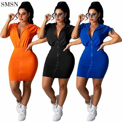 New Arrival 2021 Casual Solid Color Zip-Up Hooded Dress Cheap Casual Women Dress