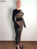 New Style Leopard Print Hollowed-Out Stitching Sexy Long Sleeve Tight Jumpsuit Women Jumpsuit 2021 Sexy