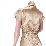 Stylish Satin Reflective Bandage Pleated Shirt Dress