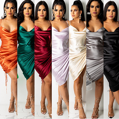 Sexy Halter Deep V Double Side Drawstring Nightclub Dress