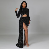 2022 Sparkly Long Sleeve Shoulder Sexy Slit Nightclub Dress