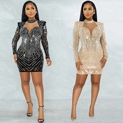 Sexy Gauze See Through Ironed Drill Deep V Nightclub Evening Dress
