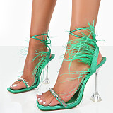 New Rhinestone Transparent Heel Sandals Women's Large Size Wrap Feather High Heels Shoes