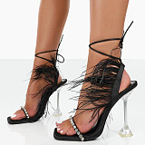 New Rhinestone Transparent Heel Sandals Women's Large Size Wrap Feather High Heels Shoes