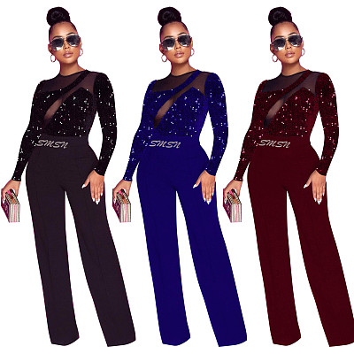 Spring Logo Sequined Mesh Straight Barrel Sexy Jumpsuits