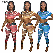 2022 Summer Printed Short Sleeve Crop Pants Slim Two Piece Set Women Jogger Set