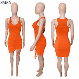 Spring 2022 Fashion Casual Halter Thread U Neck Pleated Dress Women Sexy Dresses