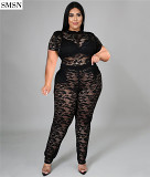 Large Size Xl-4Xl Sexy See Through Nightclub Lace Short Sleeved Slim Two Piece Set