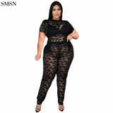 Large Size Xl-4Xl Sexy See Through Nightclub Lace Short Sleeved Slim Two Piece Set