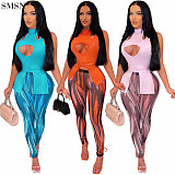 Crop Top Hollow Out Top Printed Trousers Casual Womens 2 Piece Set