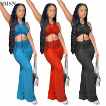 Summer Solid Color Ribbed Pleated Crop Top Two Piece Set