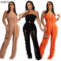 Solid Color Chest Wrapped Mesh Trousers Womens Spring Apparel Two Piece Pants Set