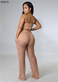 Solid Color Chest Wrapped Mesh Trousers Womens Spring Apparel Two Piece Pants Set