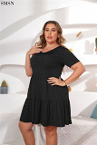 Summer Plus Size V Neck Pleated Short Sleeve Solid Color Oversize Dress Women Casual Dress
