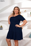 Summer Plus Size V Neck Pleated Short Sleeve Solid Color Oversize Dress Women Casual Dress