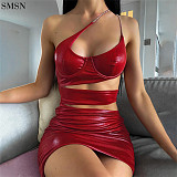 Summer Sexy Dress Halter Belt Sleeveless Solid Color Women Casual Bodycon Leather Dress