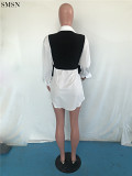 Long Sleeve Casual Shirt Skirt Belted Waist Coat Skirt Set