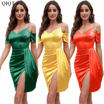Nightclub Sexy Solid Color Satin Diamond Halter Dress