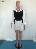 Long Sleeve Casual Shirt Skirt Belted Waist Coat Skirt Set