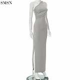 Solid Color Pleated Slant Shoulder Slit Slim Long Dress Shein Mixed Dress For Woman