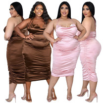 Halter Solid Color Draped Plus Size Long Dress Women Summer