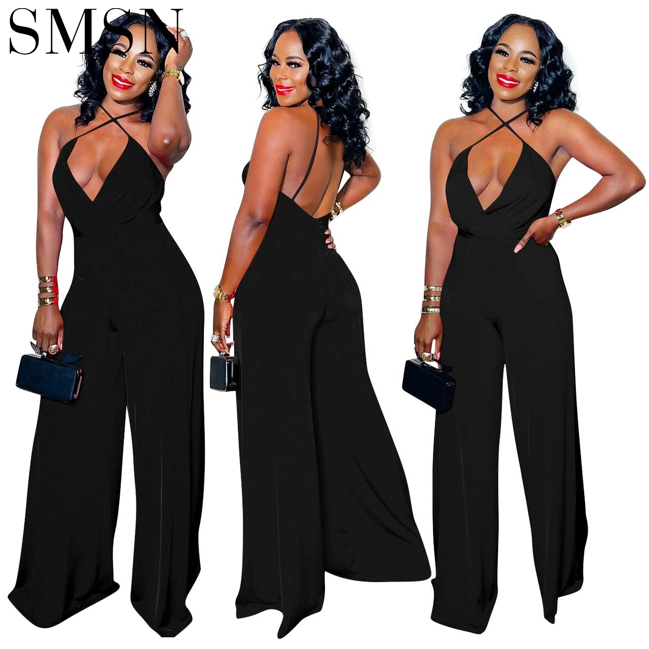 Cheaper Trendy 2022 Summer wide leg backless Low Cut Women one piece ...