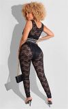 Amazon hot sale lace thread splicing women wholesale clothing crop top set sleeveless two piece pants set