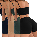 Wholesale women solid color summer crop top set sport shorts ribbed knit two piece pants set