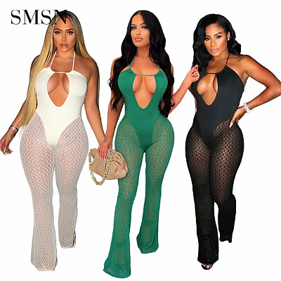 Wholesale halter mesh spliced women sexy club see through lady backless flare jumpsuit