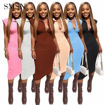 Wholesale sleeveless women dress solid color polo neck casual lady long dress