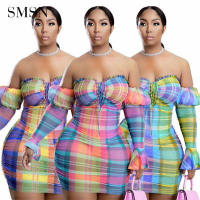 Strapless off shoulder sexy tulle women dress short plaid printing dresses for women