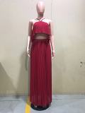 Fashion Design Loose Solid Color Ruffles Halter Sleeveless Women Dress Two Piece Set