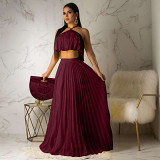 Fashion Design Loose Solid Color Ruffles Halter Sleeveless Women Dress Two Piece Set