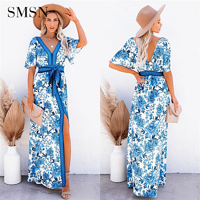 Wholesale clorhing ladies summer beach maxi dresses casual floral print women dress